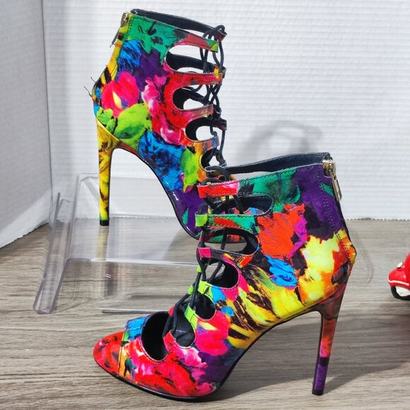 Steve Madden Cythiaa Peep-Toe Heels women's size 8 multi-colour rainbow Lace Up - Picture 1 of 12